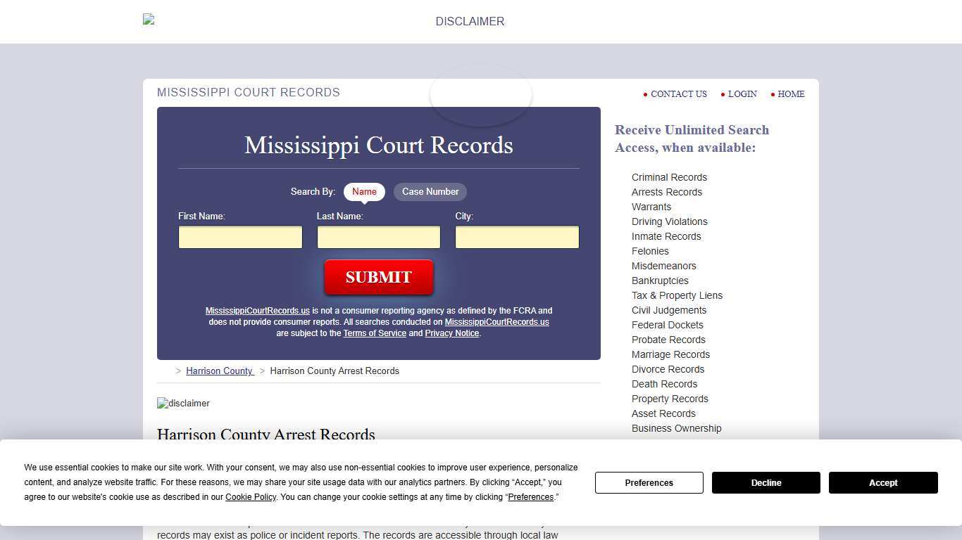 Harrison County Arrest Records MississippiCourtRecords.us