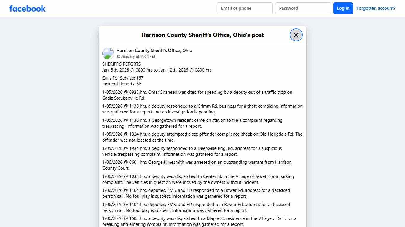 SHERIFF’S REPORTS... - Harrison County Sheriff’s Office, Ohio Facebook